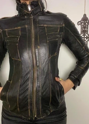 90s grunge punk whimsygoth black and brown worn leather fitted racer / biker jacket, brand: LOOK, condition: New without tags, size: 6 / S, $27.62, $29.70 includes Buyer Protection