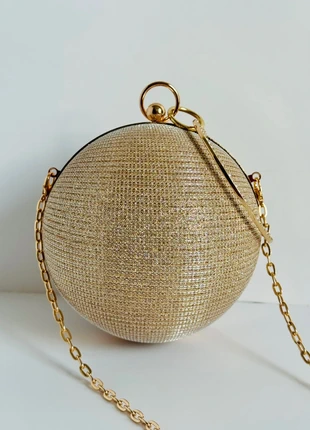 Mini Glitter Round Evening Bag – Gold Statement Clutch with Chain Strap, brand: NO LABEL, condition: New without tags, £18.00, £19.60 includes Buyer Protection Pro
