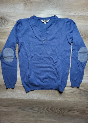 Pull bleu col V garçon 10 ans – coudières grises – style chic casual, brand: Restricted, condition: Good, size: 10 years / 140 cm, €5.00, €5.95 includes Buyer Protection
