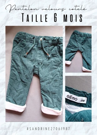 Pantalon velours vert foncé 🧸 Taille 6 mois 🧸 Gemo, marque: Gémo, état: Très bon état, taille: 6-9 mois / 68 cm, 2,50 €, 3,33 € Protection acheteurs incluse