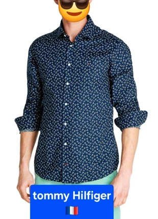 Chemise droite en coton bleu marine imprimé, Tommy Hilfiger Taille M, merk: Tommy Hilfiger, staat: Heel goed, maat: M, € 30,00, € 32,20 inclusief Kopersbescherming