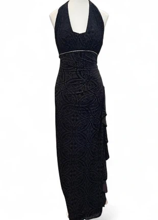 true vintage 90s elegant gothic vampire black velvet halter maxi dress w ruffle trim & beaded belt, brand: Betsy & Adam, condition: New without tags, size: M / UK 12-14, £83.12, £87.98 includes Buyer Protection