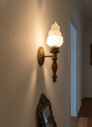 Applique Murale Vintage en Bois et Laiton Verre Givré Flamme E14, merk: Inconnu, staat: Heel goed, € 25,00, € 26,95 inclusief Kopersbescherming