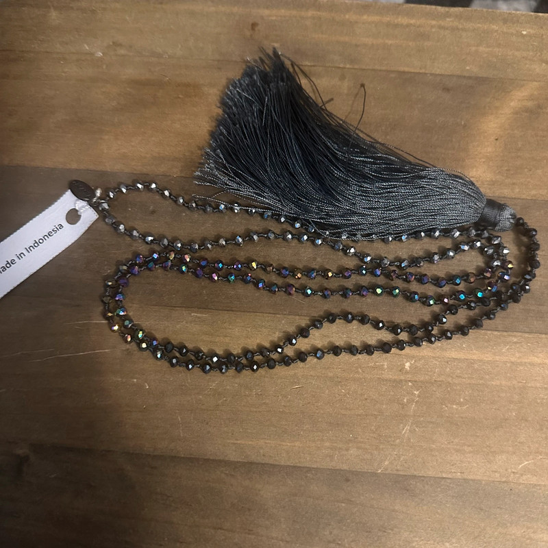 Zacasha long gray beaded tassel necklace 2