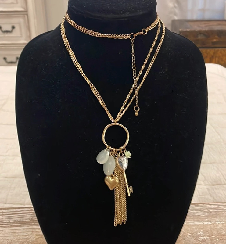 Vintage Gold Tone Heart Key Tassel Chain Long Pendant Statement Necklace 1