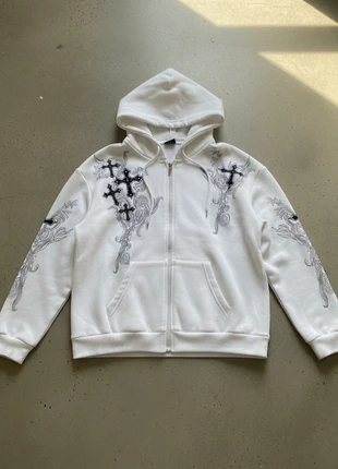 Sweat à capuche blanc, détails croix brodées, condition: Very good, size: M, €44.90, €47.85 includes Buyer Protection