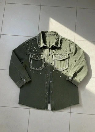Veste en Denim Vert Olive à Strass et Perles, marca: Vintage Dressing, estado: Muito bom, tamanho: L / 40 / 12, €74.90, €79.35 inclui Proteção do Comprador