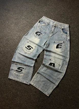Baggy jeans bleu délavé motif noir blanc Taille L style vintage y2K année 2000 skate, brand: Vintage Dressing, condition: Very good, size: L, €34.99, €37.44 includes Buyer Protection