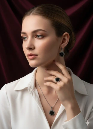 Black Galaxy Jewellery Set – Silver Necklace, Earrings & Ring | Elegant Sparkle for Evening Glam, brand: Oliver Bonas, condition: Very good, £13.25, £14.61 includes Buyer Protection Pro