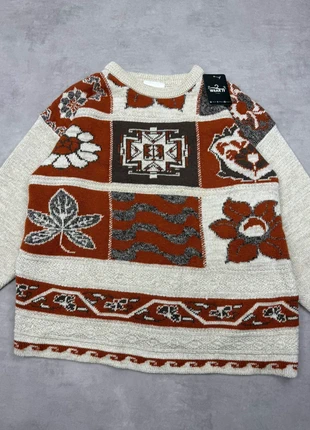 Pull Vintage knit 90’s patchwork jacquard crème orange – M oversize Homme - #90sSwEu094, merk: Vintage Dressing, staat: Goed, maat: M, € 14,90, € 16,35 inclusief Kopersbescherming Pro