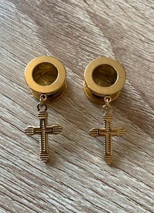 Paire d’écarteurs/tunnels 10mm avec croix dorées, marca: sacré, estado: Nuevo sin etiquetas, 14,99 €, 16,44 € Protección al comprador incluida