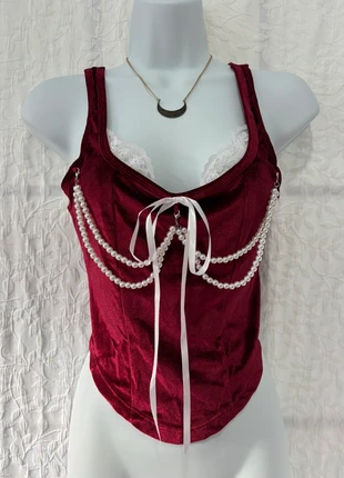 Burgundy Lace Trim Top – UK 10 Fit | Pearl Bow Detail | Coquette Style, brand: Vintage Dressing, condition: New without tags, size: M / 10, £13.99, £15.39 includes Buyer Protection
