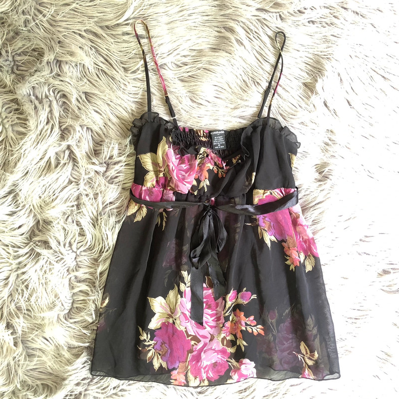 True Vintage y2k Floral Black Mesh Babydoll Milkmaid Camisole, Size M 2