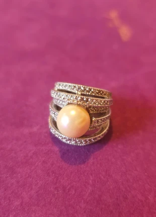 Large Pearl and stainless steel silver coctail statement ring, condition: Good, size: 16.9 mm / M½, £8.00, £9.10 includes Buyer Protection