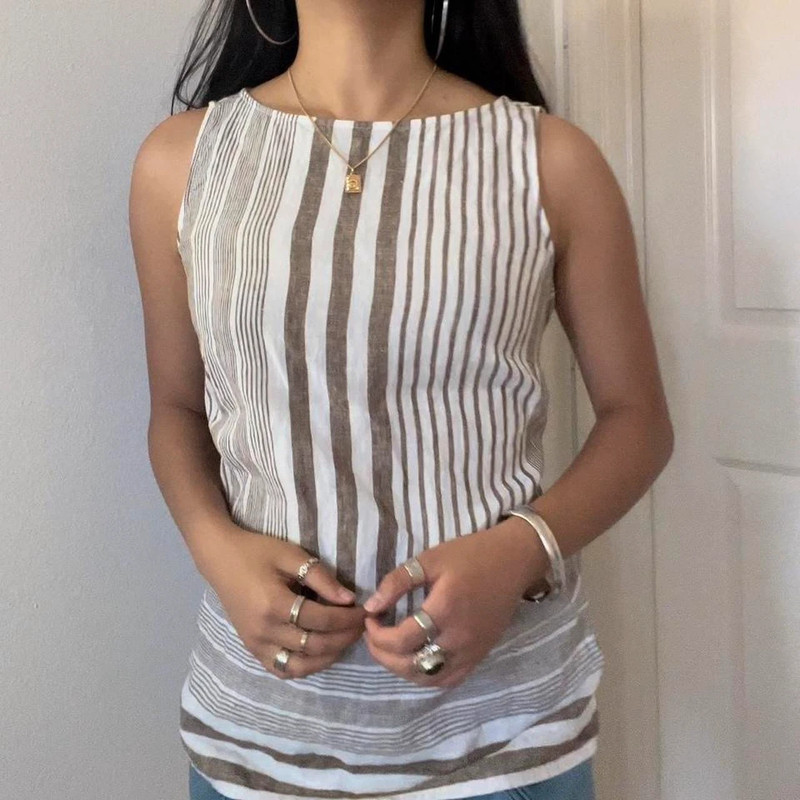 J Jill Taupe Tan and White Striped Linen Sleeveless Tunic Top 4