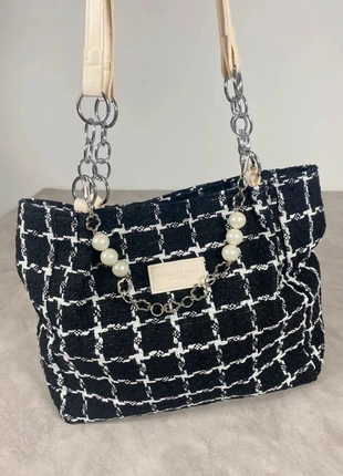 Sac cabas chic tweed noir & blanc perles chaîne argentée – Style élégant intemporel, brand: Tendance, condition: New without tags, €24.00, €25.90 includes Buyer Protection Pro