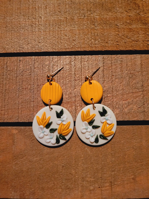 White & Yellow Floral Clay Earrings