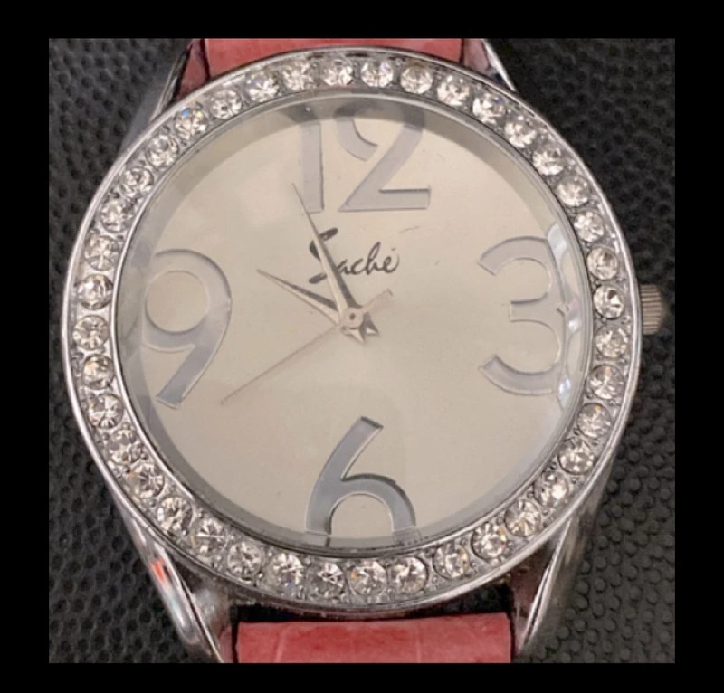 Sache watch with Rhinestones around face & Pink band-used 1