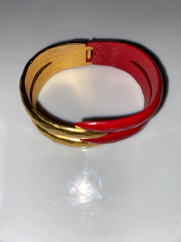 Vintage goldtone metal & red enamel hinge bracelet 4