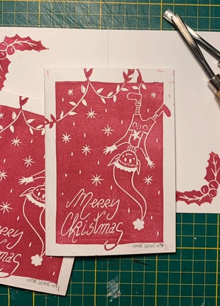 Lot de 3 cartes de Noël - Linogravure A6 - tirage rouge, marke: Fait Main, zustand: Neu, mit Etikett, 7,50 €, 8,58 € inklusive Vinted-Käuferschutz