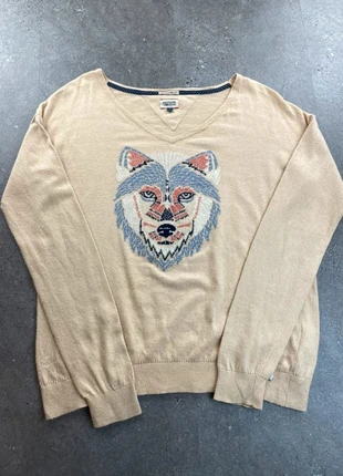 Sweat | pull col V d’hiver tommy Hilfiger marron claire taille L motif loup logo brodé, marque: Tommy Hilfiger, état: Très bon état, taille: L / 40 / 12, 20,00 €, 21,70 € Protection acheteurs incluse