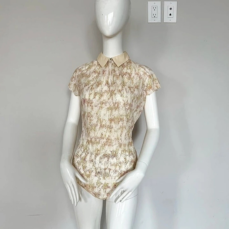 Speckles String Bodysuit Cream Short Sleeve Collared 4