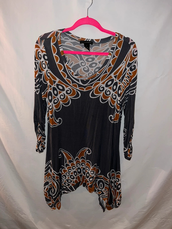 Ladies Large Grace Elements gray & brown long sleeve flowy mini dress 1