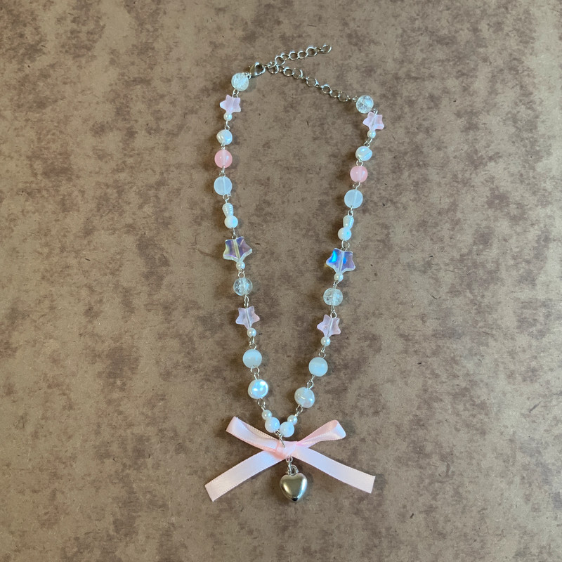 Pink bow and heart pendant beaded necklace 2