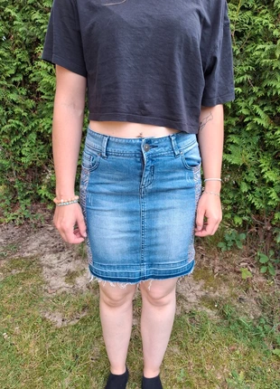 Jupe en jean PROMOD très bon état 36 S imprimés indien jeune Maori ligne triangle délavé avec poches, marca: Promod, estado: Muito bom, tamanho: S / 36 / 8, €5.90, €6.90 inclui Proteção do Comprador