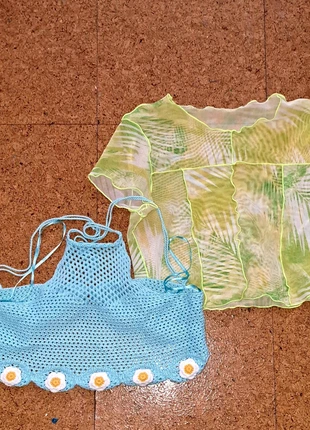 See-through green pattern t-shirt & crochet blue t-shirt combo, estado: Muy bueno, tamaño: M / 38 / 10, 6,00 €, 7,00 € Protección al comprador incluida