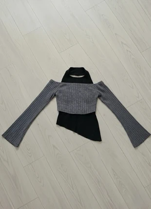 Vintage Pull Superposé Tricot Côtelé Gris Épaules Dénudées et Bas Asymétrique Noir, marca: Vintage Dressing, estado: Muito bom, tamanho: M / 38 / 10, €50.00, €53.20 inclui Proteção do Comprador