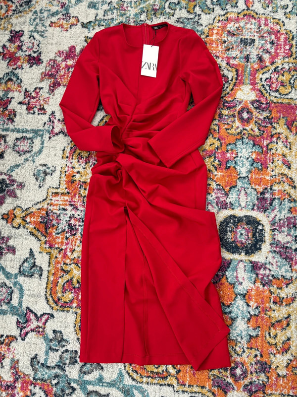 ZARA Red Ruched Slit Leg Dress 3