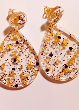Boucles d'oreilles Pendantes Goutte d'Eau Résine Flakes d'Or et Paillettes Noires, marque: Maman la beaute, état: Neuf sans étiquette, 10,00 €, 11,20 € Protection acheteurs incluse