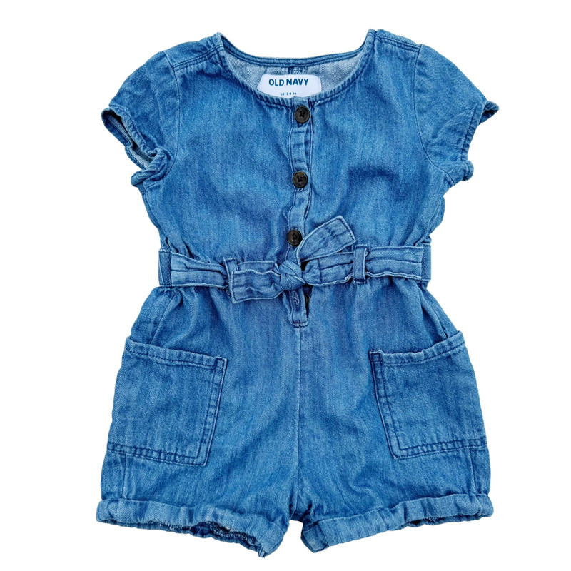 Old Navy Baby Toddler Girl Baby Girl Short Sleeve Tie Belt Denim Romper 18-24 Mo 1