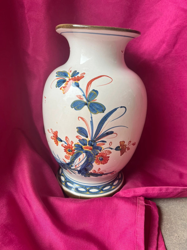 Vase peint à la main faïence vintage fleurs bleu blanc rouge 2