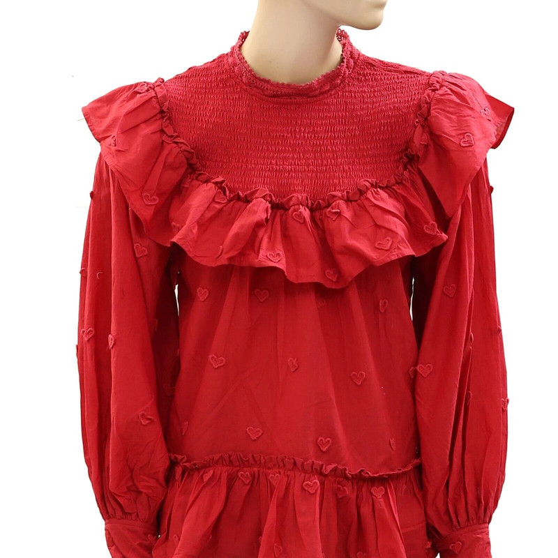 Farm Rio Anthropologie 3D Applique Blouse Top Ruffle Smocked Cotton S New 270972 2