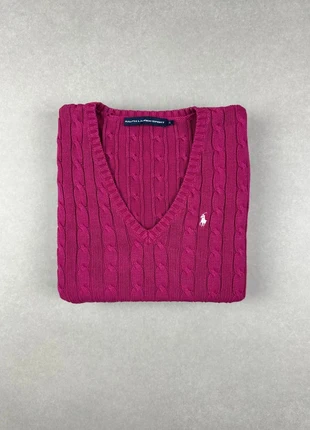 Pull torsadée tresser Ralph Lauren Fuchsia logo brodé cable knit old money Col V | Taille XL, brand: Ralph Lauren, condition: Very good, size: XL / 42 / 14, €55.00, €58.45 includes Buyer Protection