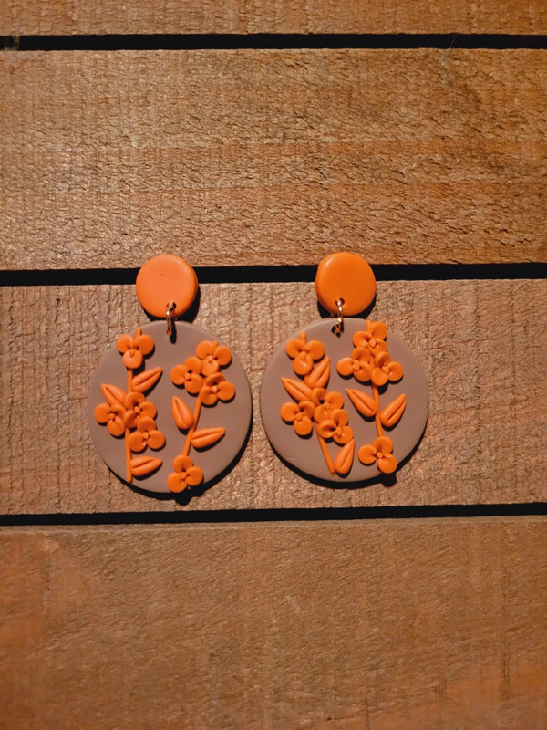 Mocha & Orange Flower Clay Earrings