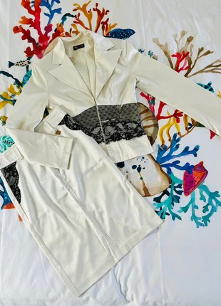 Tailleur chic satiné blanc et dentelle veste & jupe, brand: Enzo Loco, condition: Very good, size: S / 36 / 8, €35.00, €37.45 includes Buyer Protection