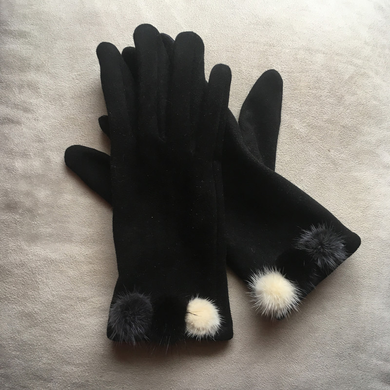 Paire de gants noir & pompons (TU) pour écran tactile. 1