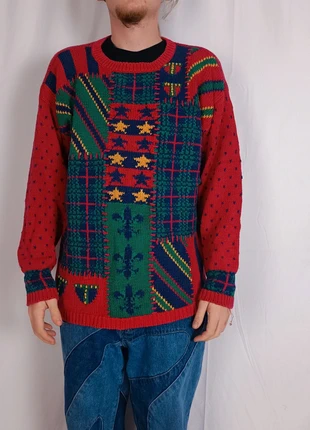 Jumper knit pull-over à motifs multicolore knitted by hand portraits, brand: Vintage Dressing, condition: Very good, size: L / 40 / 12, €14.00, €15.40 includes Buyer Protection