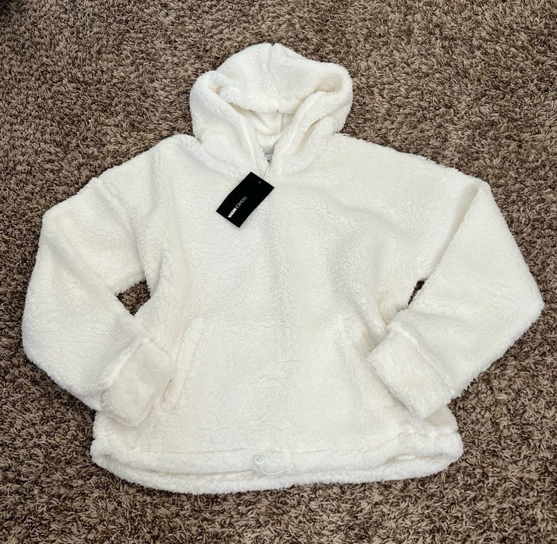 White Faux Fur Sherpa Pullover Hoodie 1