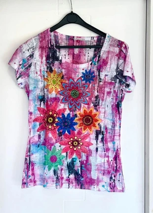 Top T-shirt DPM femme imprimé fuchsia bleu jaune strass brillant été original vintage TM fairycore, merk: du plaisir a la mode, staat: Heel goed, maat: M / 38 / 10, € 11,00, € 12,25 inclusief Kopersbescherming