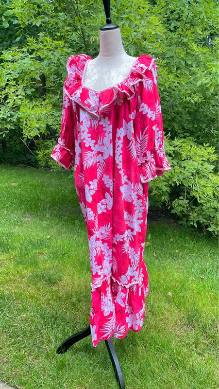 Vintage Hot Pink Hawaiian Print White Long Ruffle MuuMuu 2