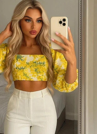 Yellow Floral Puff Sleeve Crop Top, brand: NO LABEL, condition: Very good, size: S / UK 8-10, £4.00, £4.90 includes Buyer Protection