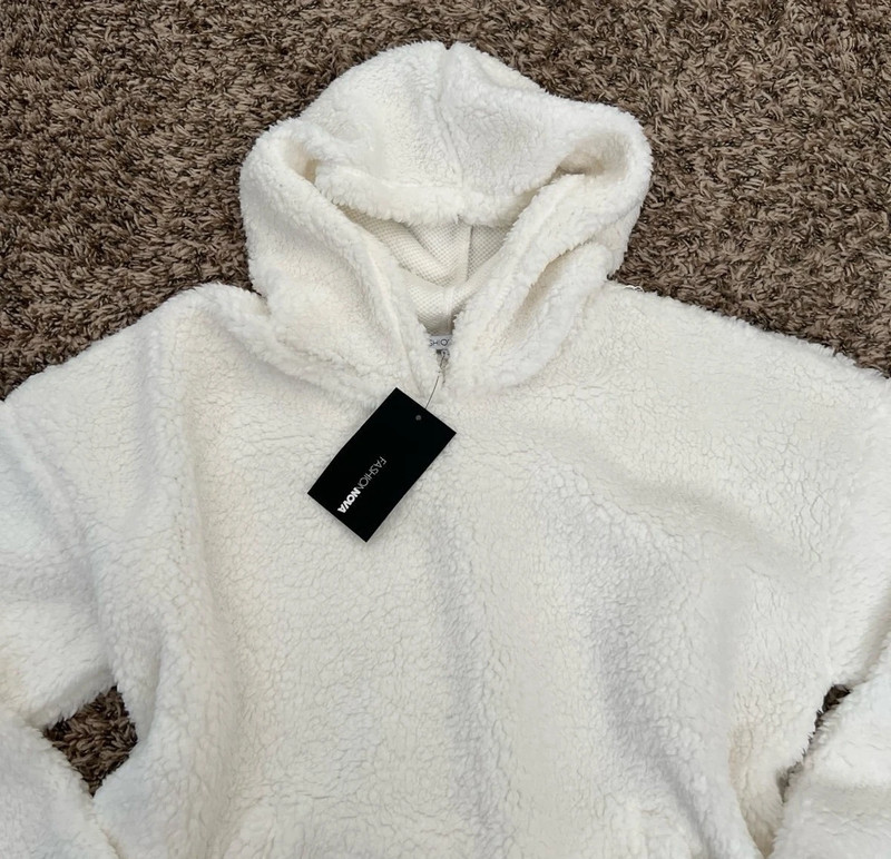 White Faux Fur Sherpa Pullover Hoodie 2