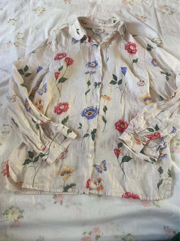 White floral linen button up shirt 2