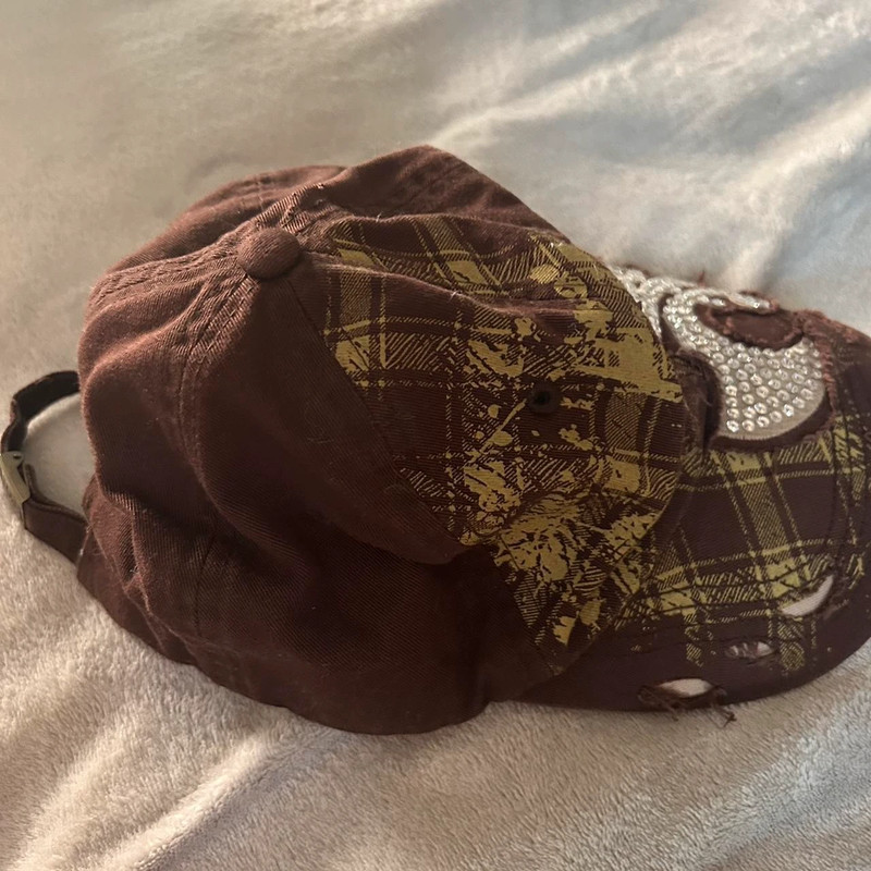 Vintage 2000s cybery2k brown rhinestone bedazzled fleur de lis hat with green plaid details 3