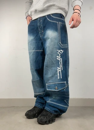 Jean baggy large pantalon ample cargo bleu marine délavé brodé JNCO Y2K fashion denim vintage, brand: JNCO, condition: Very good, size: W34, €64.90, €68.85 includes Buyer Protection