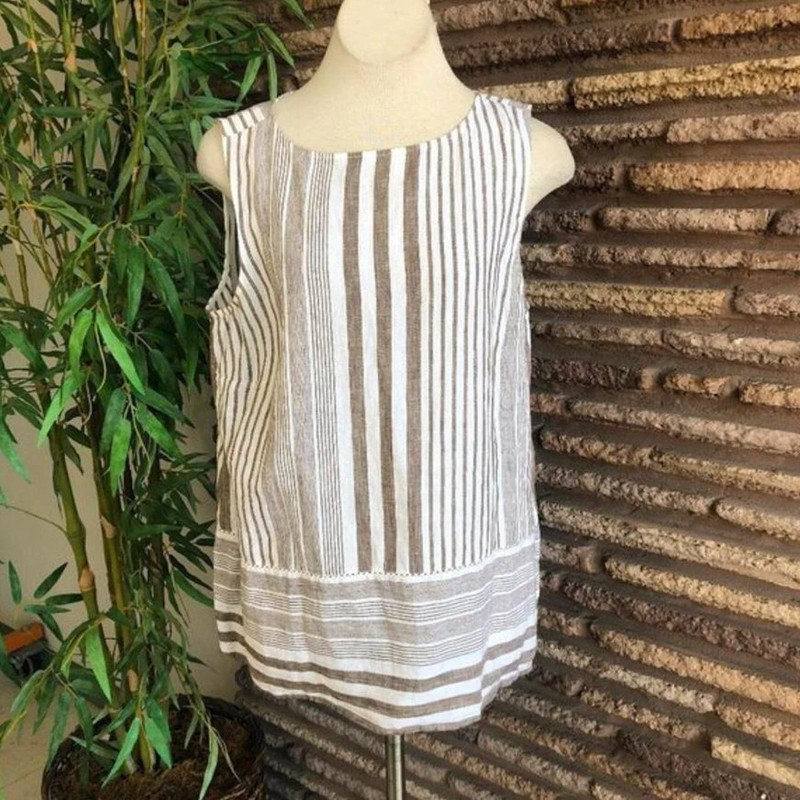 J Jill Taupe Tan and White Striped Linen Sleeveless Tunic Top 1